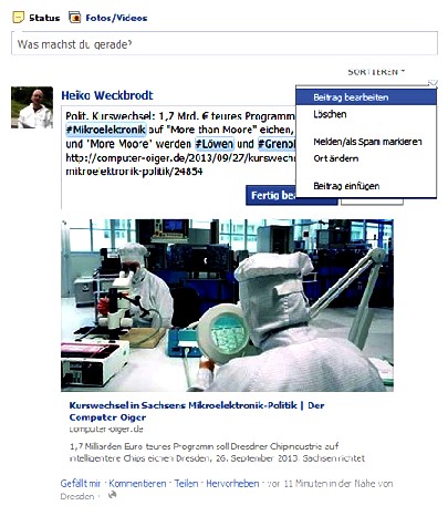 Per Kontextmenü kann man eigene Facebook-Beiträge nun nachträglich bearbeiten. Abb.: Bildschirmfoto