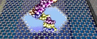 Computer-Simulationen gewinnen in der Materialforschung an Bedeutung - hier der visualisierte Durchgang einer DNA-Sequenz durch eine Graphenschicht zur Bestimmung der Basenabfolge, Abb.: TUD