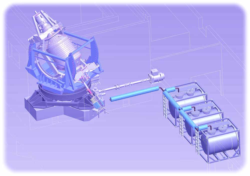 Schema DRESDYN: 3-D-Modell des 20 Meter langen Rotationsbehälters und der Natrium-Tanklager. Visualisierung: HZDR