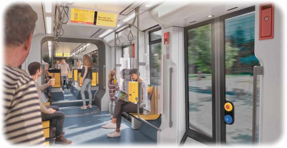 Die Visualisierung zeigt den Innenraum der künftigen Dresdner Straßenbahnwagen. Bildschirmfoto aus Video youtu.be/tkk_Wr5ST6U (DVB AG/Bombardier)