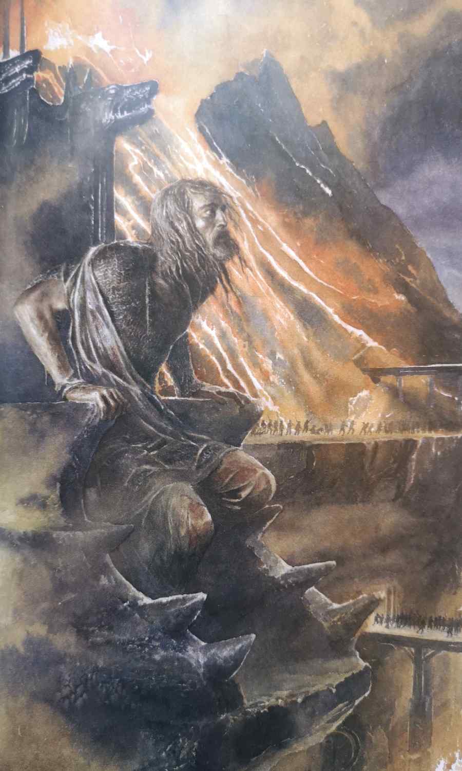 Unfähig zu sterben, muss Menschenkönig Hurin zusehen, wie Morgoths Fluch seine Sippe zugrunde richtet. Illustration aus: Tolkien: "Die Kinder Hurins", Klett Cotta 