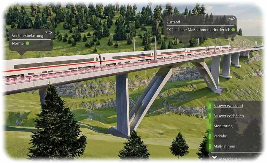 Digitale Zwillinge von Bahnbrücken können künftig anzeigen, ob das Bauwerk in der realen Welt gewartet oder repariert werden muss. Visualisierung: Uni Hannover