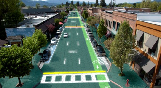 Die Zukunftsvision der Brusaws in einer Visualisierung zeigt vollständnig mit Solarpaneelen gepflasterte Straßen, deren integrierte LEDs zudem für leuchtende Fahrbahnmarkierungen sorgen. Foto: Solar Roadways
