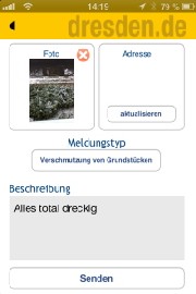 Beispiel für eine ausgefüllte Dreckecken-Meldung in der Dresdner Dreck-weg-App. Abb.: BSF