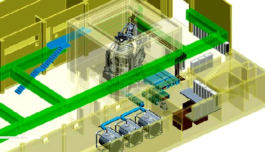 Die Projektzeichnung zeigt den Dynamo, der in einer Halle mit Argon-Löschanlage untergebracht wird. Vorne sind die Natriumtanks zu sehen. Abb.: HZDR