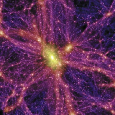 Die Computersimulation zeigt das Netzwerk der - sonst unsichtbaren - "dunklen Materie", das die Galaxien (leuchtende Punkte) im All verbindet. Abb.: MPI für Astrophysik / Simon D.M. White, Volker Springel 