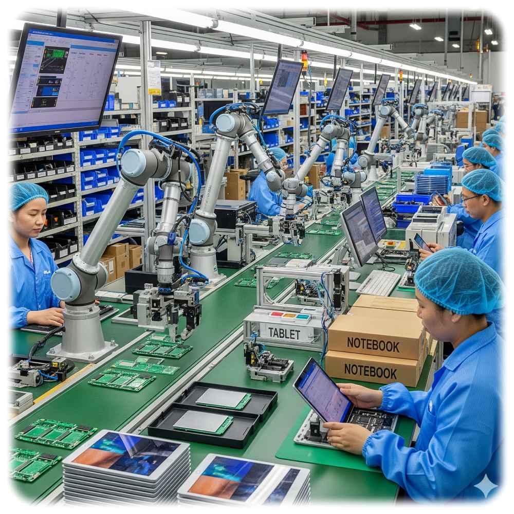 Foxconn beschäftigt Millionen Menschen und Roboter weltweit damit, im Kundenauftrag Elektronik-Endgeräte und Autos herzustellen. Visualisierung: Gemini-KI, Prompt: Heiko Weckbrodt