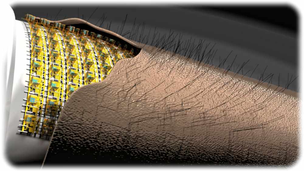 Hochintegrierte flexible mikroelektronische 3D Sensorik nimmt Bewegung von Härchen auf künstlicher Haut wahr. Grafik: Forschungsgruppe Prof. Dr. Oliver G. Schmidt für die TU Chemnitz