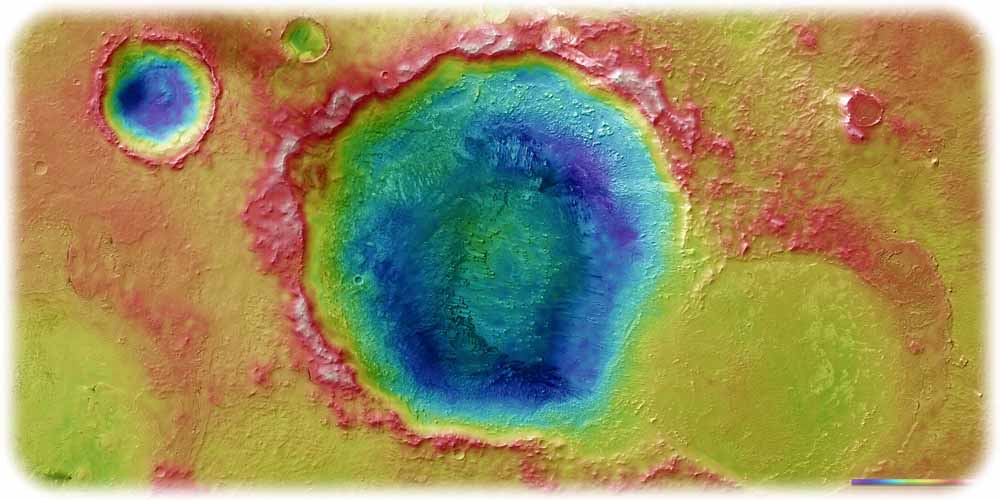 Falschfarbendarstellung der Landestelle für das europäische Schiaparelli-Modul auf dem Mars: die Ebene "Meridiani Planum". Abb.: ESA, DLR, FU Berlin, G. Neukum