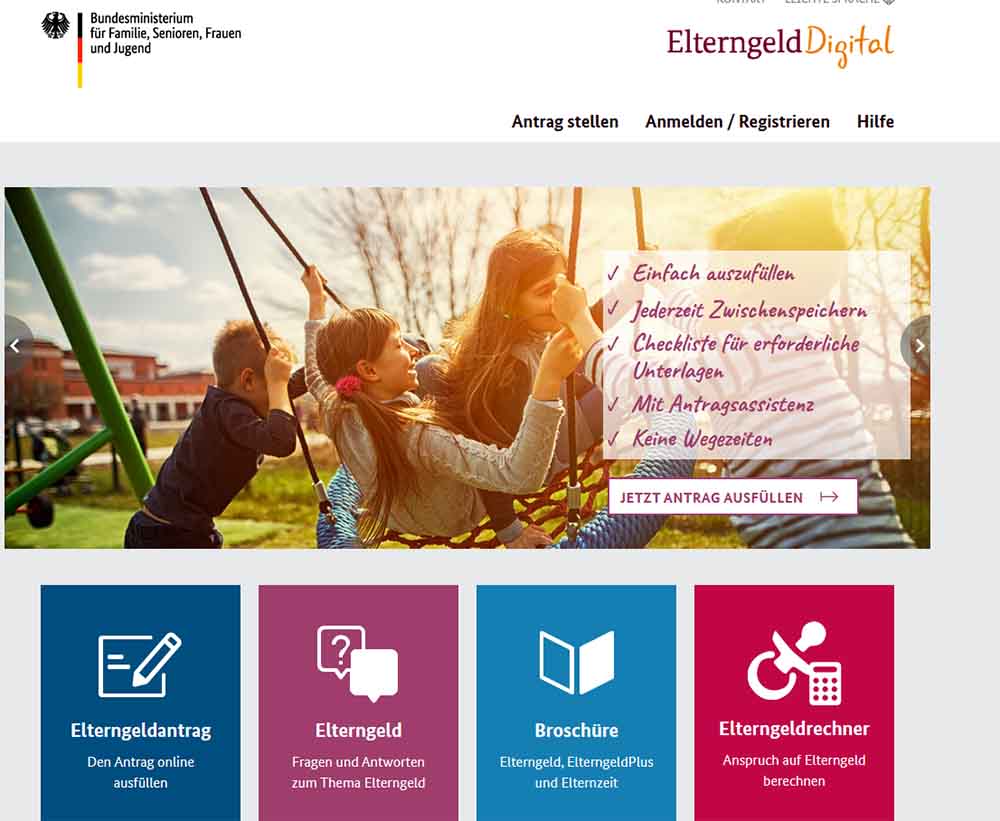 So sieht das neue Elterngeld-Portal aus, das schrittweise deutschlandweit nutzbar gemacht werden soll. Abb.: Bildschirmfoto von elterngeld-digital.de