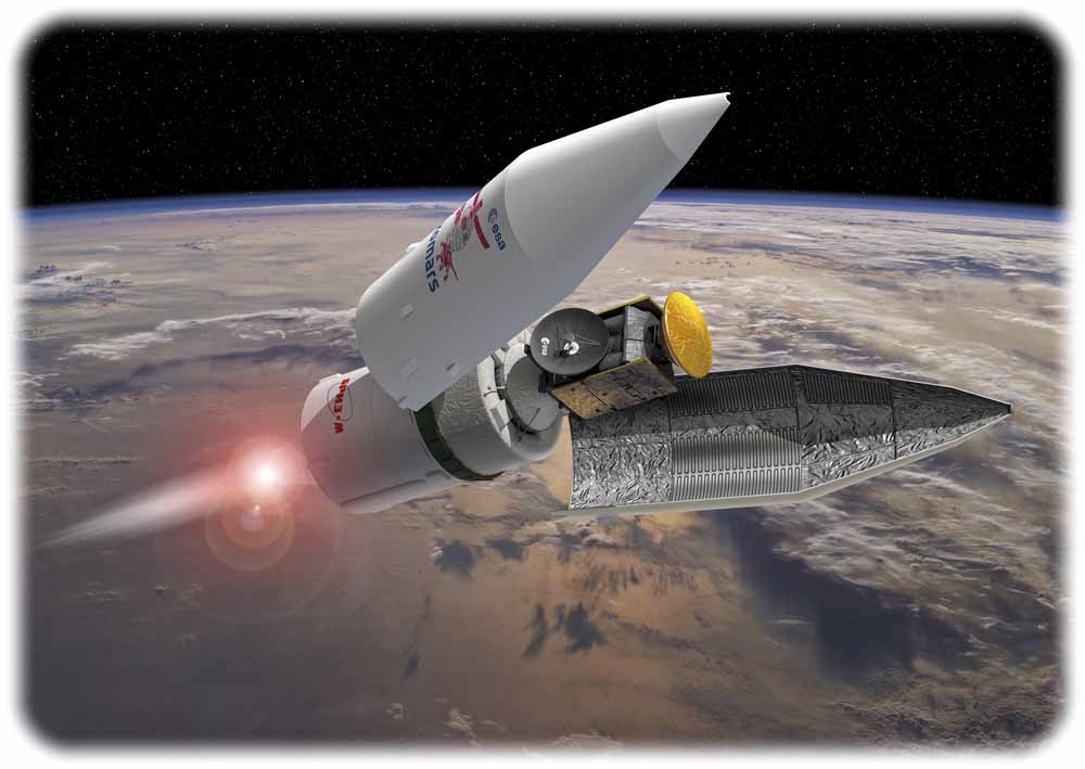 Die Proton-Rakete bringt Exomars in den Orbit, von dort aus geht es wieter gen Mars. Visualisierung: ESA