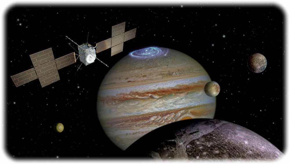 Diese künstlerische Visualisierung zeigt die europäische Raumsonde "Jupiter Icy Moons Explorer" (Juice), die sich 2022 dem Riesenplaneten Jupiter und seinen Monden nähert. Ins Innere des Gasriesen können die Sonden aber nicht hineinsehen. Die Astrophysiker gehen davon aus, dass darin heiße dichte Materie herrscht, deren Eigengesetze womöglich Quantencomputer ergründen können. Visualisierung: ESA/ATG medialab, Nasa/JPL, J. Nichols