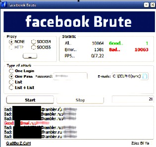 Von Hackern genutzte Brute-Force-Programm, um Facebook-Passwörter zu knacken. Abb.: BSF, Imperva