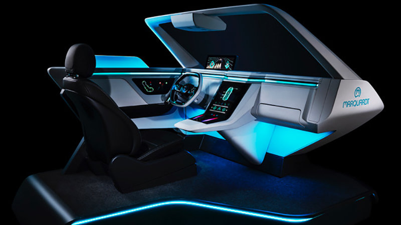 Ein Beispiel für das Auto-Innendesign der Zukunft zeigt dieses "Demo-Car" der Firma Marquardt. Es hat eine 3D-Echtglaskonsole, interaktive Bedienelemente und Lichtleiste mit integrierter Touchfolie. Visualisierung: Marquardt, bereitgestellt durch TU Chemnitz