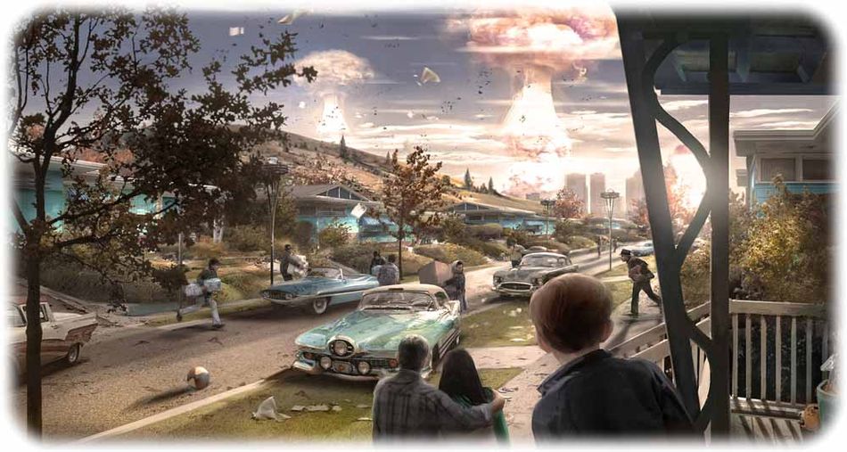 "Fallout 4" erzählt einen alternativen Geschichtsverlauf, in dem die USA in vielerlei Hinsicht in den 1950er Jahren steckengeblieben sind, technologisch aber ganz stark auf die Atomkraft gesetzt haben - bis hin zu nuklear angetriebenen Autos. Doch im Jahr 2077 zerstört ein Atomkrieg das Land völlig. Konzeptgrafik: Bethesda