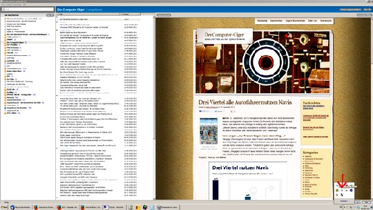 Das Bildschirmfoto zeigt den geöffneten Feed-Reader: Links die Liste der abonnierten Seiten, rechts die Voransicht. Der kleine Würfel rechts unten (Pfeil) wird orange, wenn neue Nachrichten verfügbar sind, BSF: hw