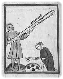 Frühe Feuerwaffe, ca. 1411. Quelle: Österreichische Nationalbibliothek, Wien, Repro aus: Hoffman: Wie europa die welt eroberte