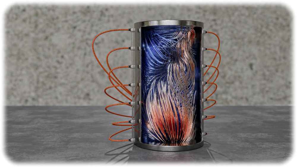 Das Bild visualisiert einen Zylinder mit Magnetfeldsonden und den Blick hinein turbulente temperaturgetriebene Strömungen in einem Flüssigmetall. Visualisierung: B. Schröder/HZDR