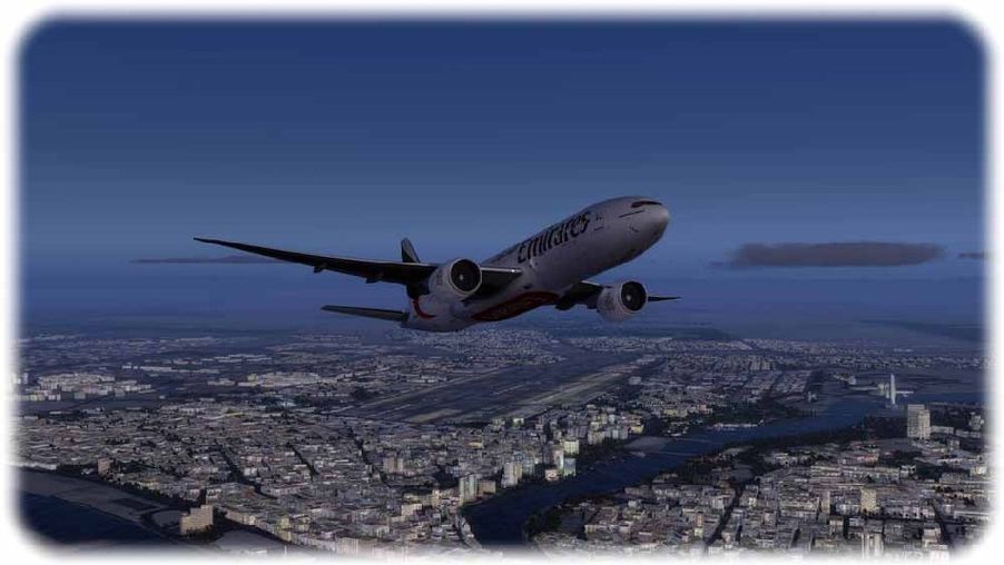 Der Trainings-Flugsimulator "Prepar3D" in Aktion: Eine 777 steigt in Dubai auf. Foto: Lockheed Martin