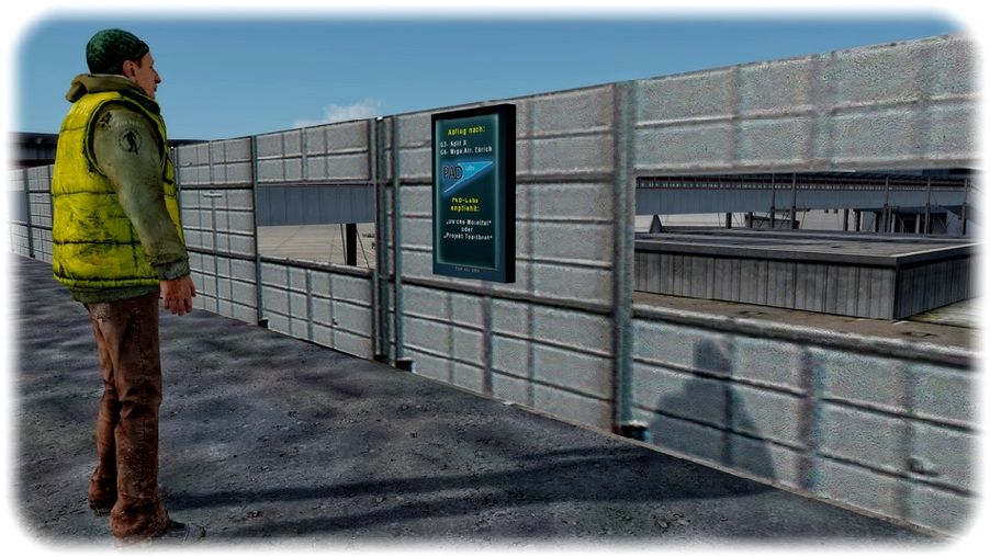 Wer diese Flughafenmauer genauer anschaut, findet ein witziges "Osterei": Entwickler PADLabs hat sich auf einem Werbeplakat verewigt. Bildschirmfoto: Jan Gütter