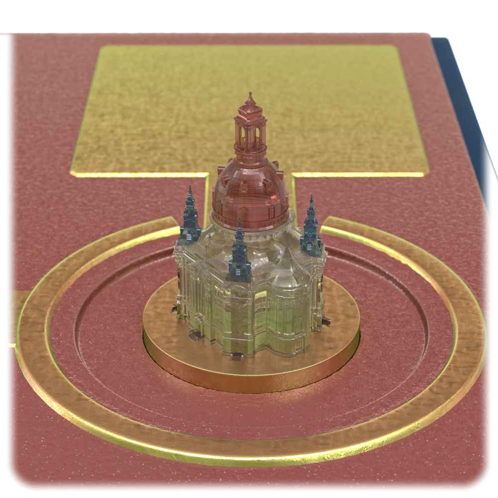 Die Farbschichten in diesem beispielhaften Mikromodell der Dresdner Frauenkirche stehen für die verschiedenen Kunststoffe, die der Multimaterial-3D-Druckkopf von Heteromerge verarbeiten kann. Visualisierung: Jan Weskot (Konsultaner) für Heteromerge