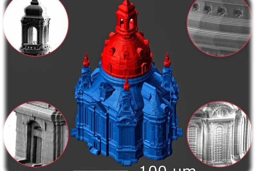 Dieses Modell der Frauenkirche Dresden haben die Heteromerger mit ihrem Multimaterial-3D-Druckverfahren erzeugt. Dazu sind Mikroskopaufnahmen gedruckter Details vergrößert eingeblendet. Abb.: Heteromerge Dresden