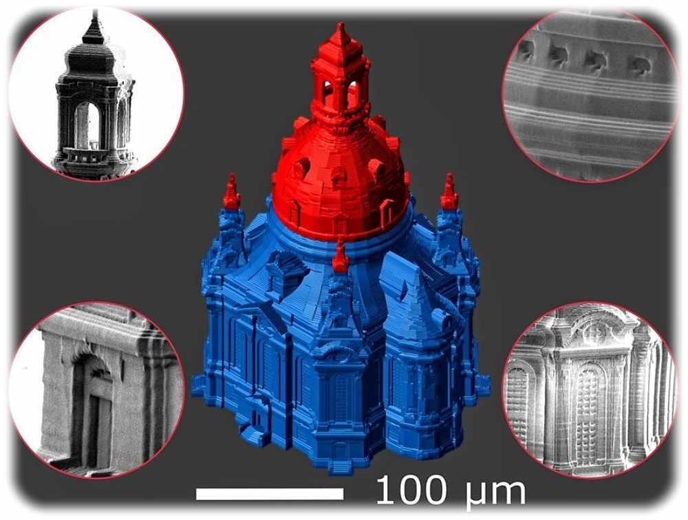 Dieses Modell der Frauenkirche Dresden haben die Heteromerger mit ihrem Multimaterial-3D-Druckverfahren erzeugt. Dazu sind Mikroskopaufnahmen gedruckter Details vergrößert eingeblendet. Abb.: Heteromerge Dresden