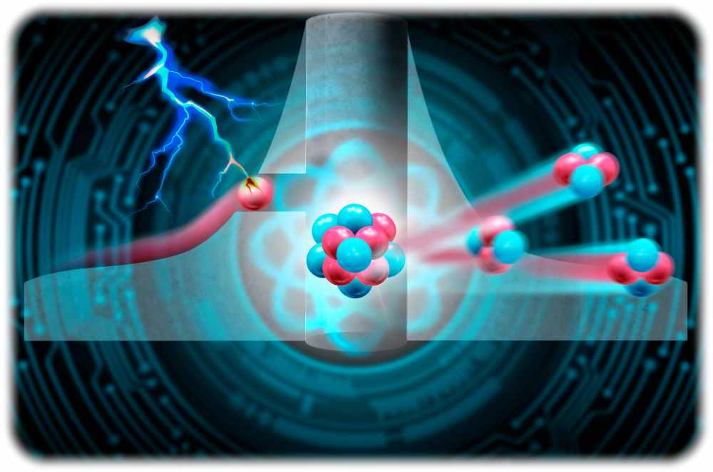 Diese künstlerische Darstellung veranschaulicht, wie ein elektrisches Wechselfeld - ähnlich einem Blitz - einem Proton (links) dabei hilft, durch den "Abstoßungsberg" eines Bor-Isotops zu tunneln. Die folgende Kernfusion setzt drei positiv geladene Atomkerne frei, auch Alpha-Strahlung genannt. Visualisierung: Bild: Sahneweiß für das HZDR