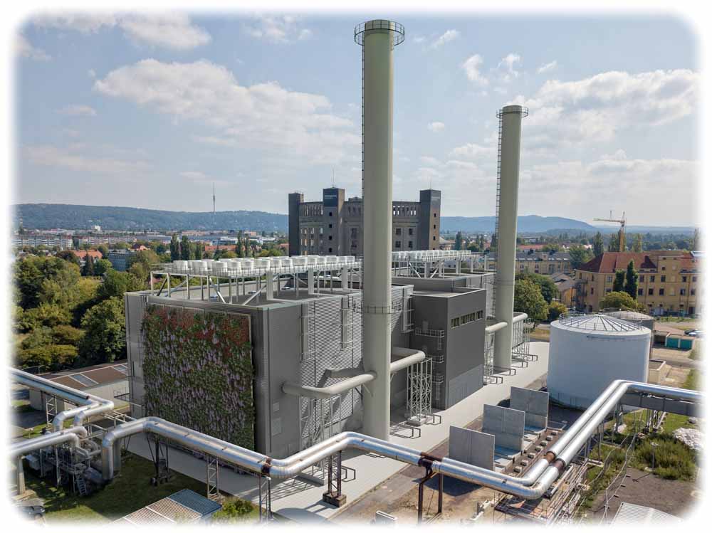Die Visualisierung zeigt, wie das Gasmotoren-Kraftwerk - nach einer Überarbeitung - in Dresden-Reick aussehen wird. Visualisierung: Archlab