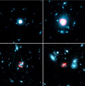 Die Bilder kombinieren Aufnahmen naher Galaxien (blau) durch das Hubble-Weltraumteleskop mit den ALMA-Aufnahmen ferner Sterennhaufen, die hier als rote Einsteinringe um die näheren galaktischen Linsen zu sehen sind. Abb.: ESO/ Y. Hezaveh et al.