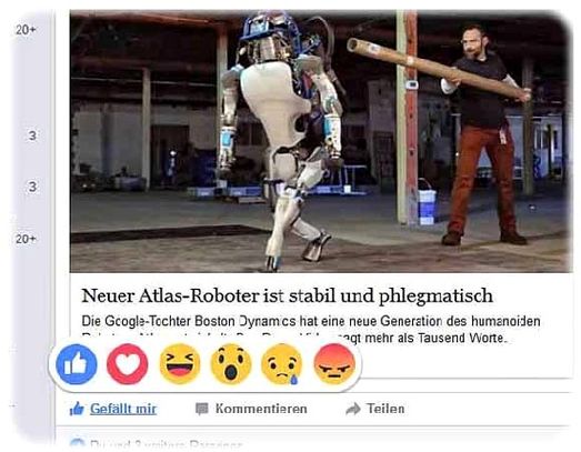 Außer "Gefällt mir" können die deutschen Facebook-Nutzer unter Beiträgen nun auch auf "Love", "Haha", Stauen, Trauer und Wut klicken. Abb.: Bildschirmfoto
