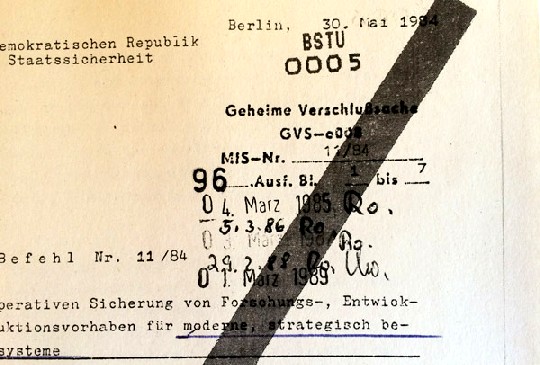 Mielkebefehl vom Mai 1984 über die Absicherung der DDR-Rüstungsproduktion durch die Stasi - deklaiert als "Geheime Verschlusssache" (GVS). Repro: Heiko Wekcbrodt, Quelle: BStU/ MfS-BV Dresden