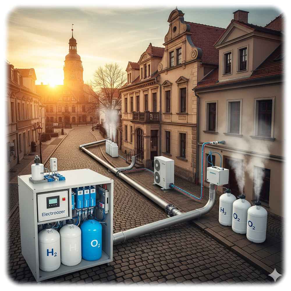 Sektorenkopplung: Ein Elektrolyseur liefert in dieser symbolhaften Visualisierung nicht nur Wasserstoff und Sauerstoff, sondern heizt mit Hilfe einer Wärmepumpe per Fernwärmenetz Wohnungen in Zittau. Visualisierung: KI Gemeni, Prompt: Heiko Weckbrodt