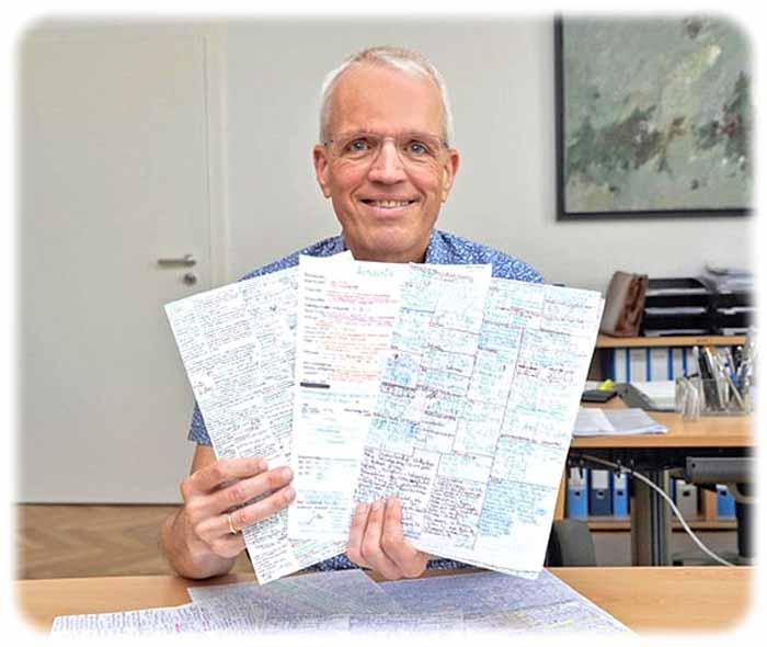 Prof. Gerald Gerlach zeigt eine Auswahl besonders gelungener Spickzettel. Foto: Karsten Eckold für die TU Dresden