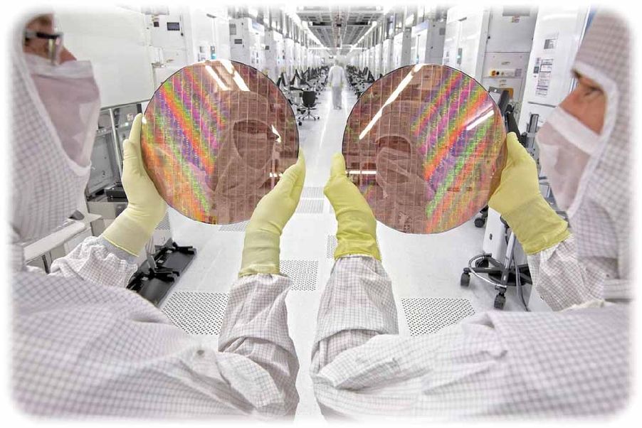 Zwei Mitarbeiter beäugen Chipscheiben (Wafer) im Reinraum der Globalfoundries-Chipfabrik Dresden. Foto: Globalfoundries
