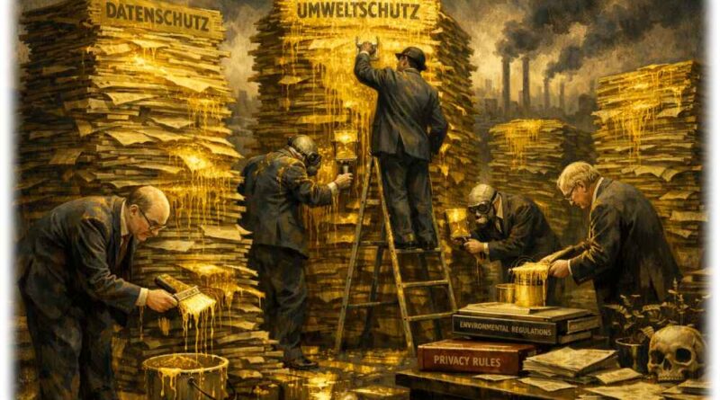 Die chronische Planüberfüllung von EU-Vorschriften und anderen Regulierungen "von oben", neudeutsch auch "Goldplating" genannt, soll es im Freistaat nicht mehr geben. Die CDU-SPD-Koalition will damit die Bürokratielast für Wirtschaft und Bürger mindern. Visualisierung: KI ChatGPT, Prompt: Heiko Weckbrodt