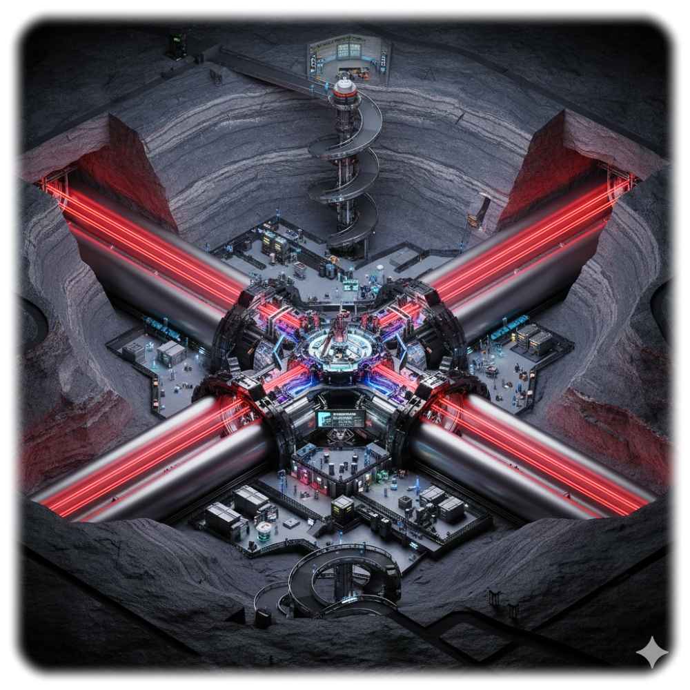 Die DZA-Astrophysiker würden gern ein großes , unterirdisches Graviationswellen-Teleskop in der Lausitz bauen. Visualisierung: KI Gemini, Prompt: Heiko Weckbrodt