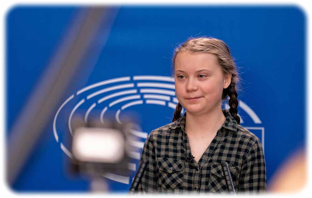 Die schwedische Klimascxhutz-Aktivistin Greta_Thunberg im April 2019 im EU-Parlament. Foto: Gabor Kovacs / EU-Parlament, Wikipedia. CC2-Lizenz