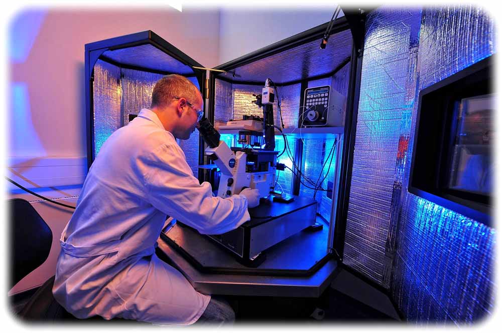 Am Rasterkraftmikroskop untersucht Biotechnologe Dr. Tobias Günther die Mikrostruktur von Kunststoffoberflächen. Foto: KfW/Toelle