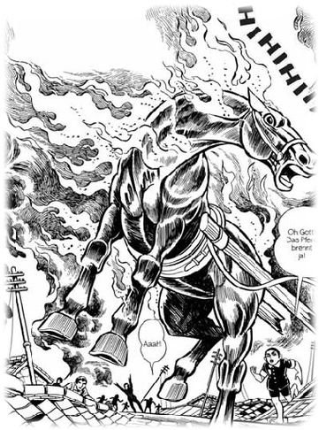 "Oh Gott. Das Pferd brennt ja!" - in den Mangas wird das Sterben der Menschen und Tiere gezeigt. Abb.: Keiji Nakazawa, Carlsen-Verlag