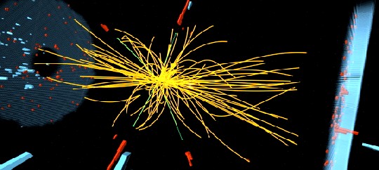 Das Bild zeigt eine Teilchen-Kollision am CERN-Detektor CMS, bei der anscheinend ein Higgs-Boson entstand. Abb.: CERN