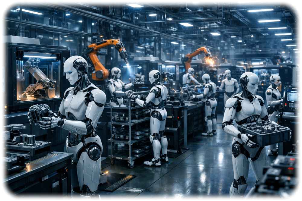 Angetrieben von Lösungen in China sind "Dark Factories" gerade wieder in aller Munde: Fabriken, die kein Licht mehr brauchen, weil sie menschenleer sind. Humanoide Roboter sollen hier die Lücken zur Vollautomatisierung schließen. Visualisierung: KI ChatGPT, Prompt: Heiko Weckbrodt