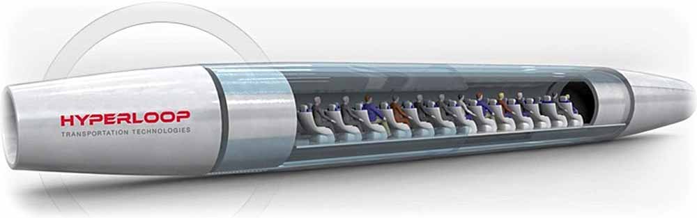 In den Hyperloop-Kapseln sollen jeweils etwa zwei Dutzend Menschen Platz finden. Luftdruck soll die luftkissen-gelagerten Kapseln auf bis zu 760 Meilen pro Stunde (ca. 1200 km/h) beschleunigen. Visualisierung: HTT Hyperloop
