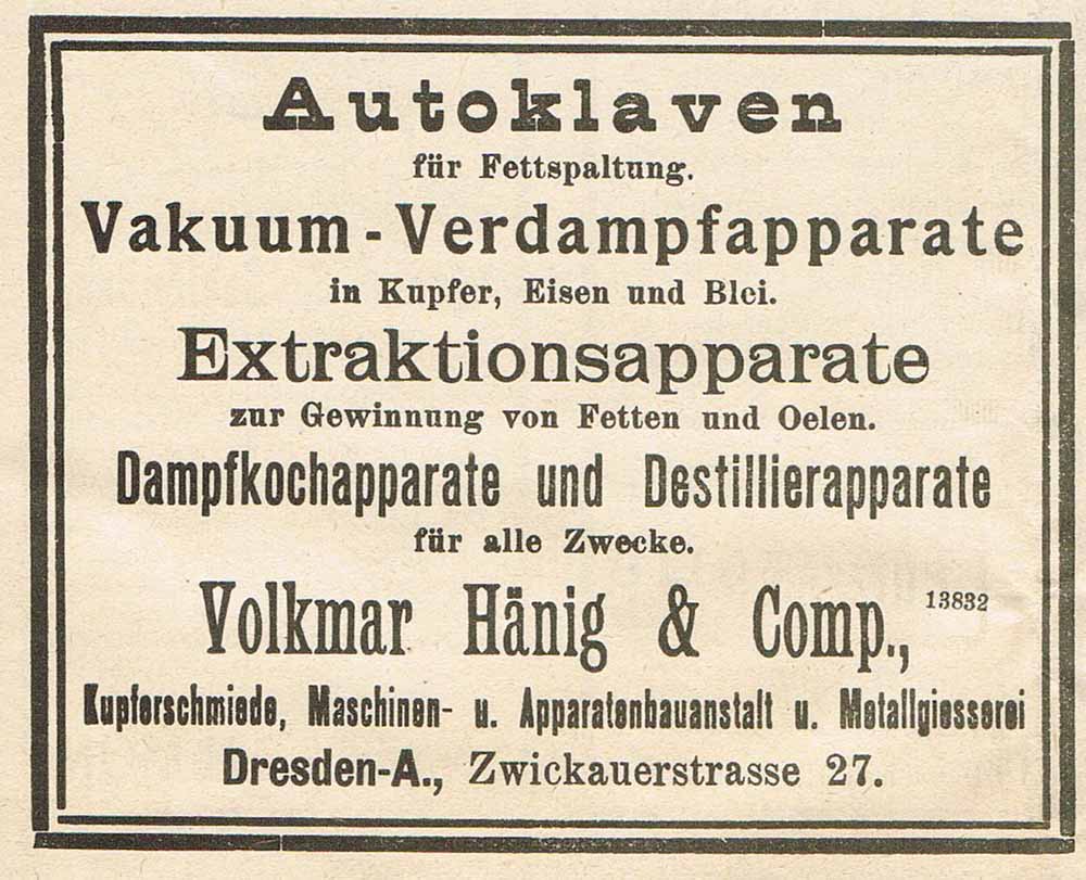 Reklame der Firma Volkmar Hänig & Comp. aus einer Zeitung aus dem Jahre 1904. 