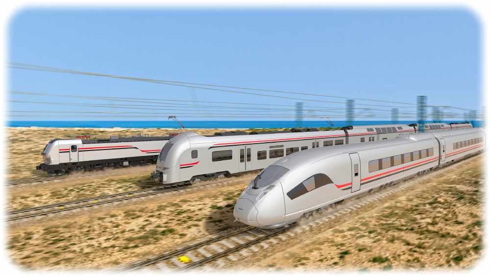 Die Visualisierung zeigt, wie die Züge und Loks der Typen Velaro (vorn rechts), Desiro (Mitte) und Vectron (Güterlok links hinten) durch Ägypten fahren sollen. Visualisierung: Siemens