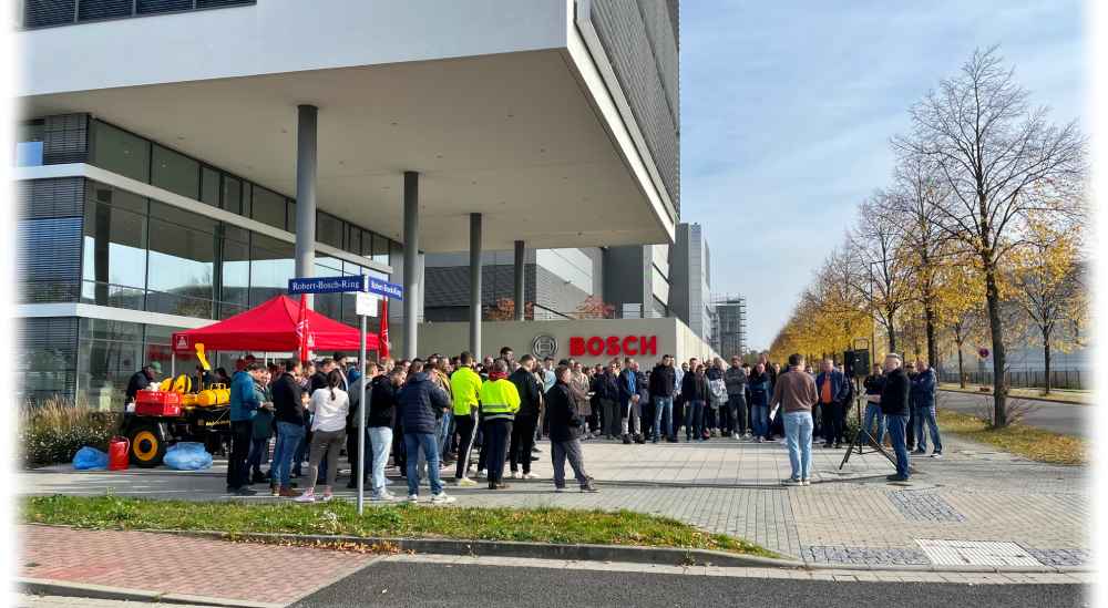 Demo für einen Tarifvertrag vor der Bosch-Chipfabrik in Dresden. Foto: IG Metall Dresden