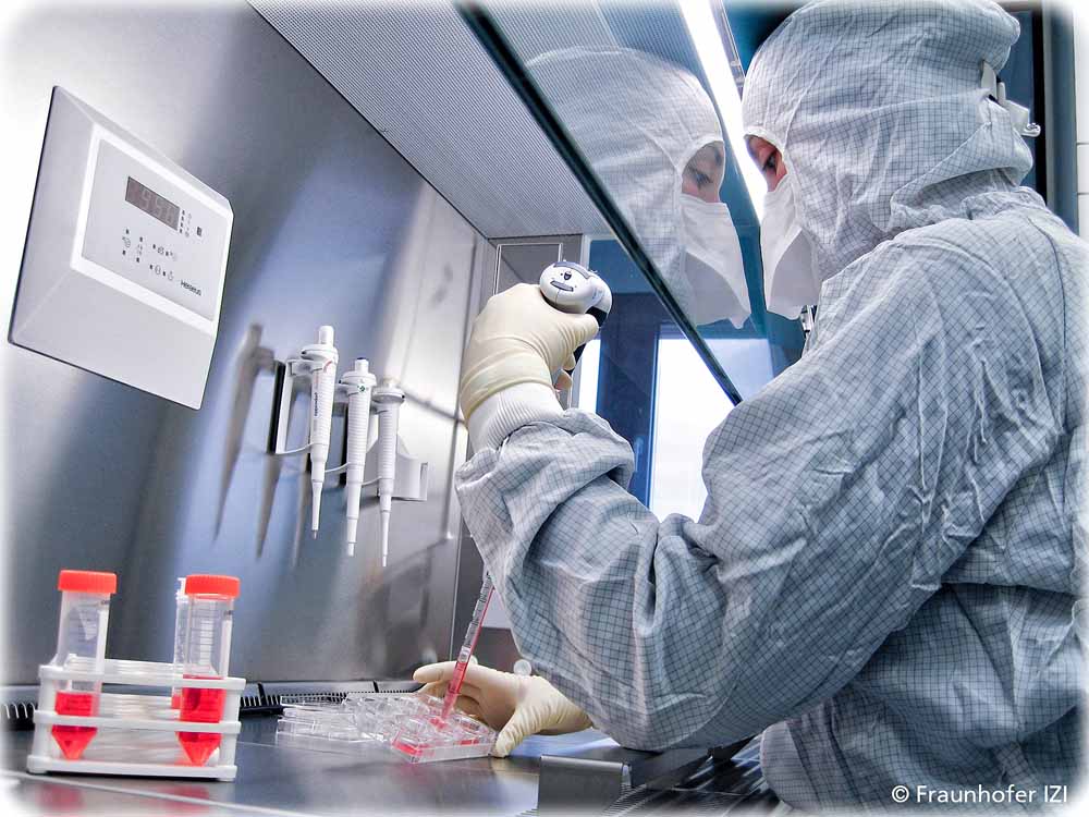 Eine Fraunhofer-Forscherin bereitet Proben für die Entwicklung von Zell- und Gentherapeutika im Reinraum des Fraunhofer-Instituts für Zelltherapie und Immunologie (IZI) vor. Foto: Fraunhofer IZI