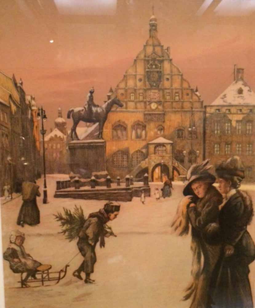 Die Lithografie "Marktplatz im Winter" von Rudolf Poeschemann aus dem Jahr 1910 zeigt, wie es vor über 100 Jahren typischerweise in der Weihnachtszeit aussah. Das Bild ist eines von über 200 exponaten der Weihnachtsausstellung 2016 im Stadtmuseum Dresden. Repro: Heiko Weckbrodt 