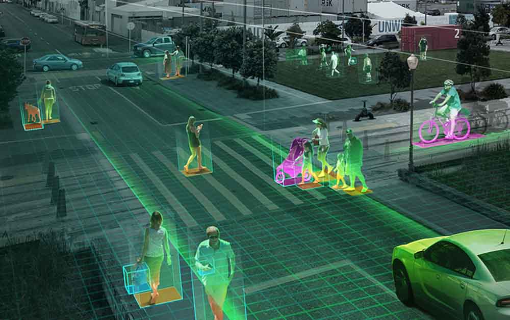 Autonom fahrende Autos sollen Unfälle mit Fußgängern mit KI-Hilfe vermeiden. Grafik: Nvidia