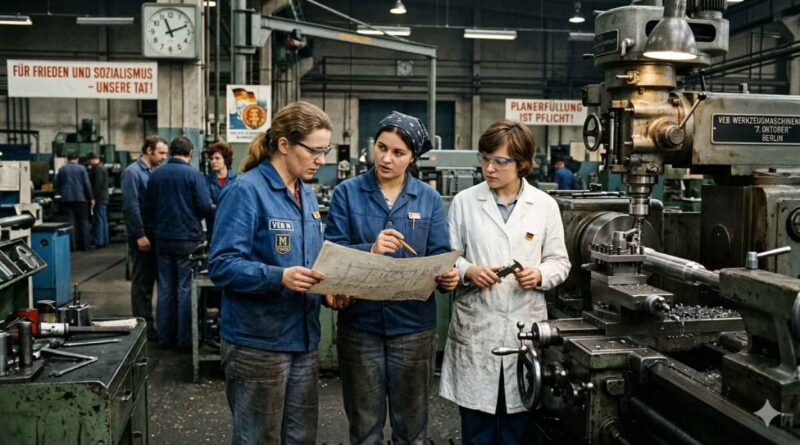 Frauen waren an Maschinen, als Ingenieurinnen und in vielen technischen Berufen in der DDR viel stärker präsent als in Westdeutschland. Symbolbild: KI Gemini, Prompt: Heiko Weckbrodt
